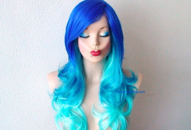 Colored wig with a side - part for a more flattering appearance26" Blue Ombre Long Curly Hair Long Side Bangs Wig.