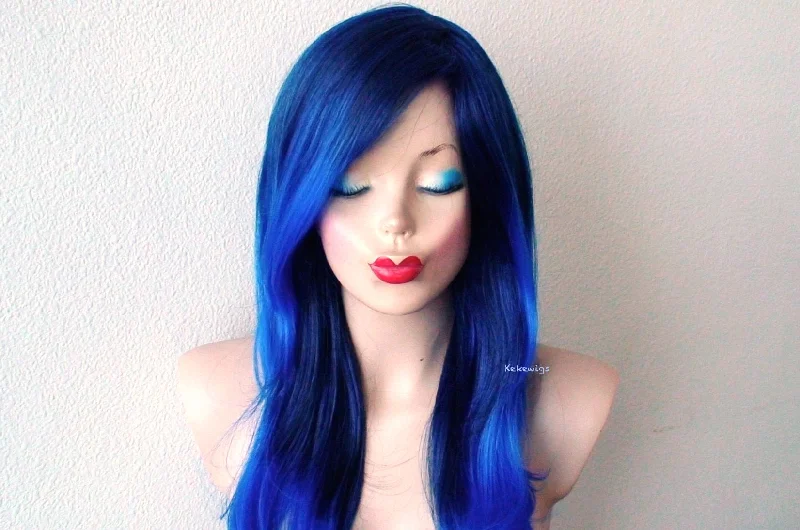 Adjustable - cap colored wig for a comfortable fit26" Blue Ombre Long Wavy Hair Long Side Bangs Wig