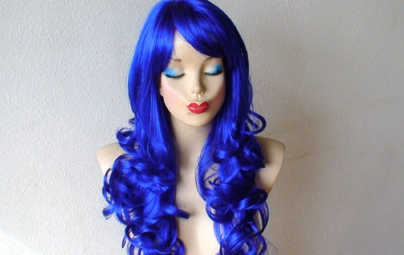 Colored wig with a silk - base cap for a comfortable and smooth feel24" Royal Blue Long Curly Hair Side Bangs Wig