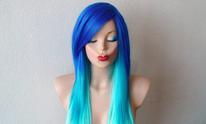 Adjustable - cap colored wig for a comfortable fit28" Blue Ombre Long Straight Layered Hair Side Bangs Wig