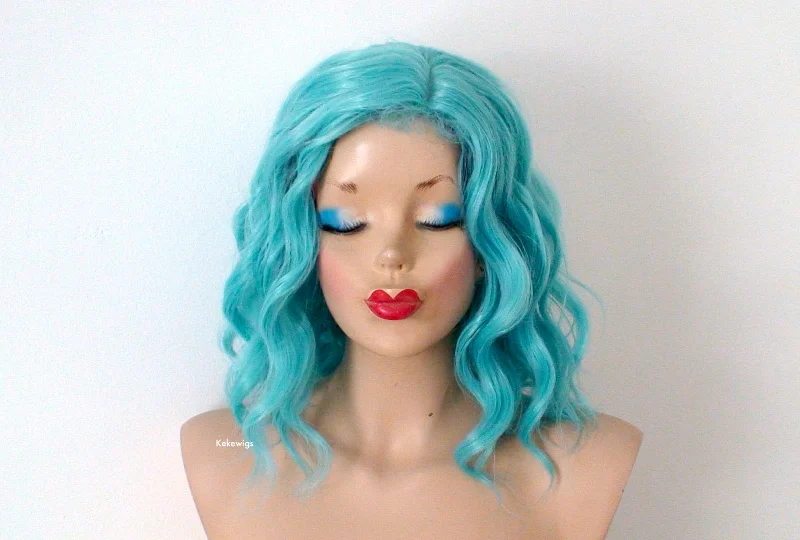 Colored wig with a red - orange hue for a warm and energetic look16" Pastel Turquoise Short Wavy Hair Wig