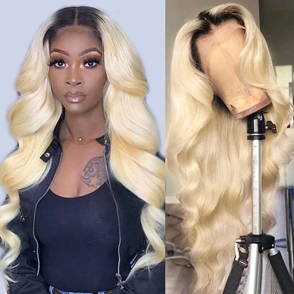 Colored wig with a pre - plucked hairline for a more natural lookBody Wave Blonde Human Hair Wigs T1B/613 Full Lace Wigs With Pre Plucked Transparent 13x4 Lace Front Glueless Wigs