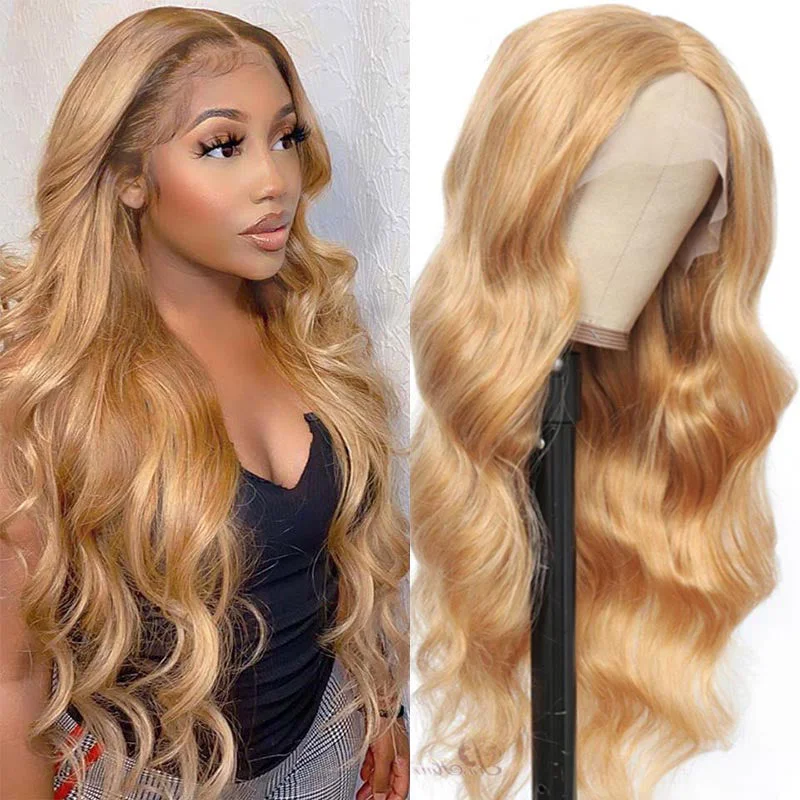 Colored wig with a straight texture for a sleek and minimalist look#27 Honey Blonde Color Wear and Go Body Wave 13x4 Lace Front Wig 180% Density Human Hair Wigs with Pre-plucked