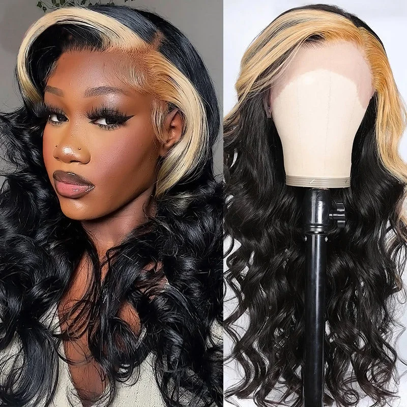 Synthetic colored wig with a heat - resistant formula for easy stylingBody Wave Lace Front Wig with Streaks in Front 13x4 Body Wave HD Lace Human Hair Wig Skunk Stripe Wig