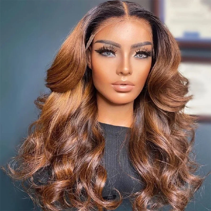 Colored wig with a side - part for a more flattering appearanceBrazilian Ombre Body Wave Wi Lace Front Brown Wig With Black Roots