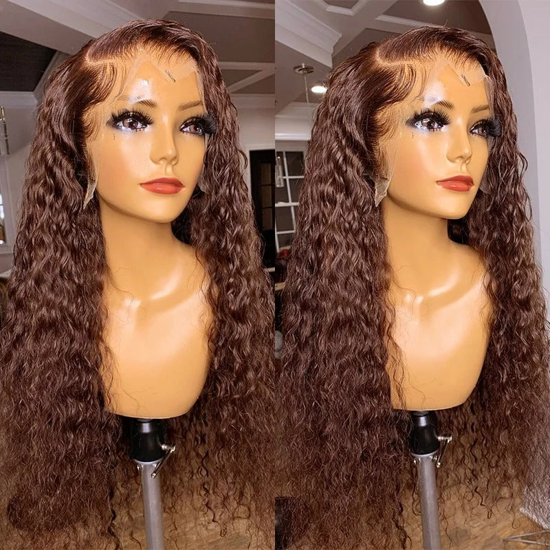 Colored wig with a curly texture for a bold and stylish choice4# Dark Brown Deep Curly Lace Closure Wigs Braziliain 180% Density