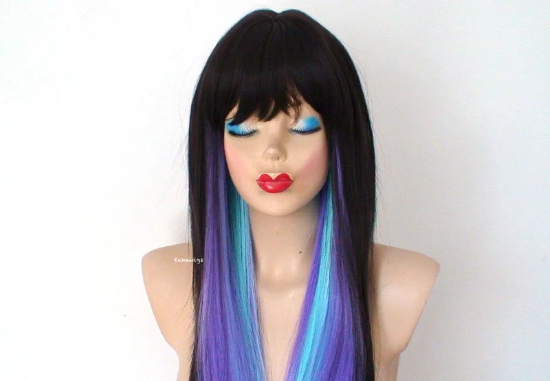 Colored wig with a pre - plucked hairline for a more natural look28" Brown Lavender Teal Lavender Ombre Long Straight Hair with Bangs Wig