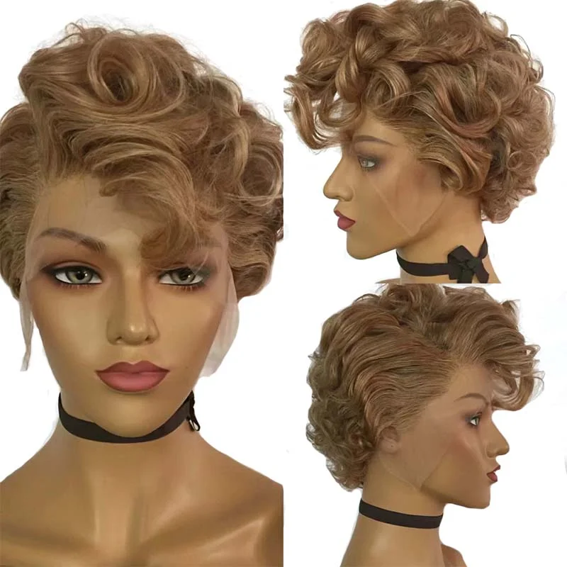 Colored wig with a middle - part for a classic and elegant styleShort Brown Pixie Cut Curly Lace Wig Brazilian Human Hair Surprisehair