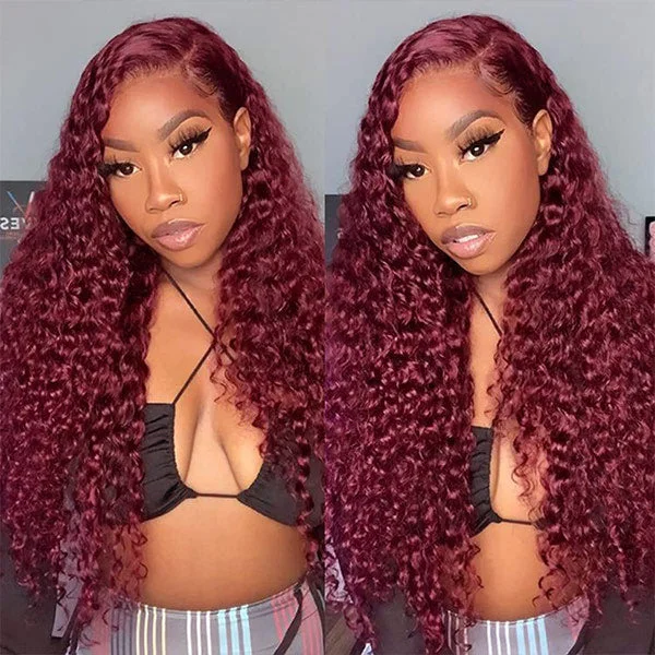 Colored wig with a side - swept bang for a sophisticated lookWater Wave Human Hair Glueless Wear Go Wigs Burgundy Color Pre-cut Lace