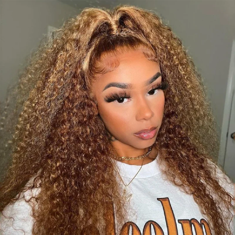 Colored wig with a side - part for a more flattering appearanceCanberry Honey Blonde Highlight Lace Front Wigs Ombre Color Jerry Curly Human Hair Wigs