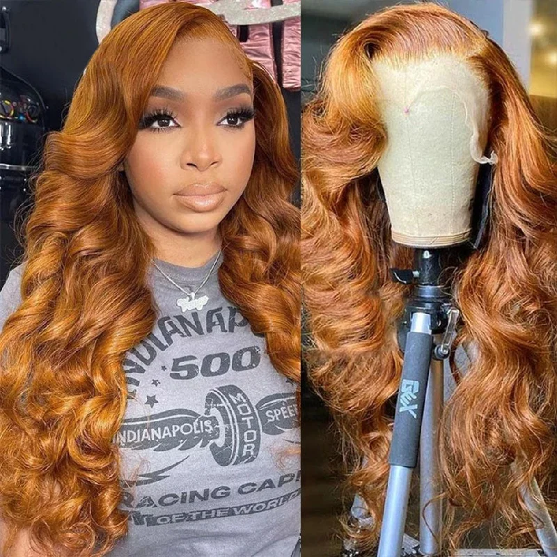 Colored wig with a wispy fringe for a soft and feminine lookGinger Body Wave Lace Front Human Hair Wigs For Women 150 Density