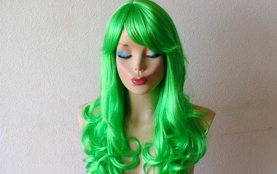 Adjustable - cap colored wig for a comfortable fit24" Lime Green Curly Hair Side Bangs Wig