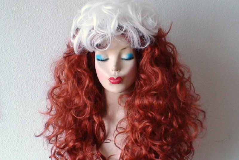 Colored wig with a curly texture for a bold and stylish choice28" Auburn Red / white Long Curly Hair Cosplay Wig. Custom Wig.