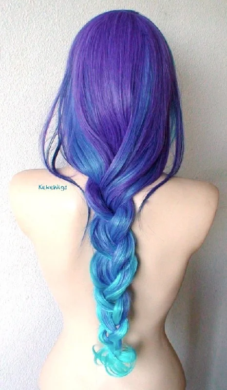 Colored wig with a side - part for a more flattering appearance28" Teal Blue Purple Ombre Long Curly Hair with Side Bangs Wig