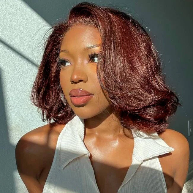 Colored wig with a pre - bleached knot for a natural - looking scalpCranberry Reddish Brown Short Body Wave 13x4 Bob Lace Front Wigs 12 Inches