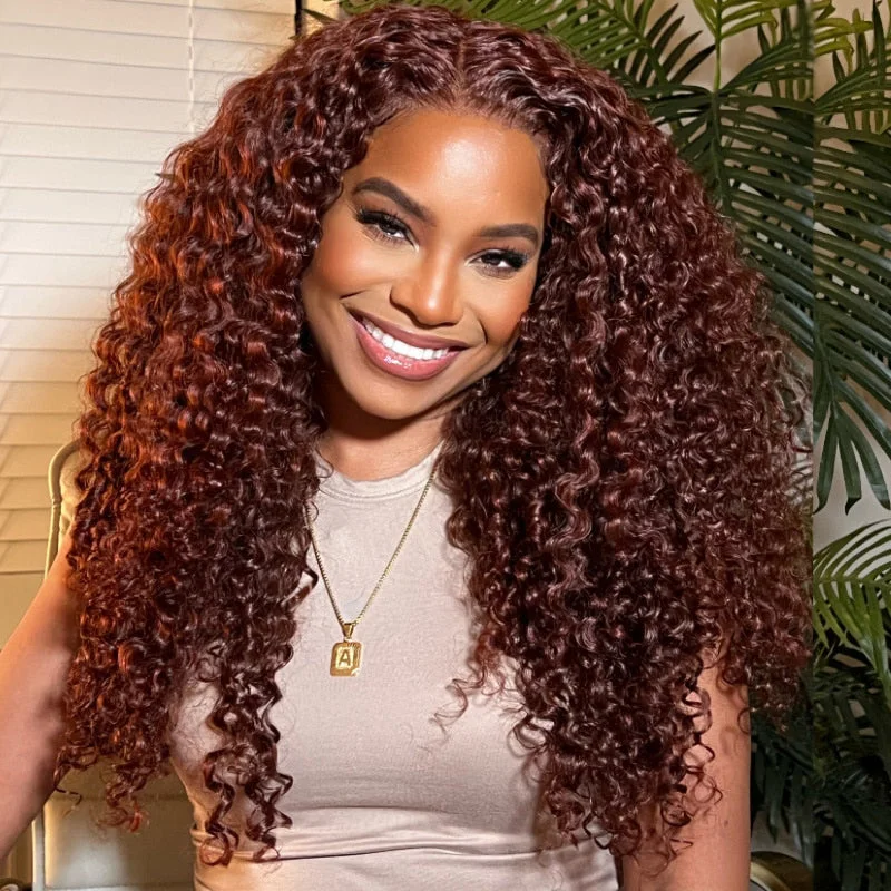 Colored wig with a curly texture for a bold and stylish choiceCranberry 13*4 Lace Front Jerry Curly Wig Reddish Brown Dark Auburn Color Affordable Price For Sale