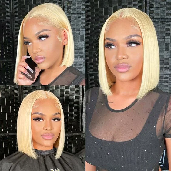 Adjustable - cap colored wig for a comfortable fitCranberry 13x4 Transparent Lace 613 Blonde Bob Wig Straight Human Hair Wig 150% Density