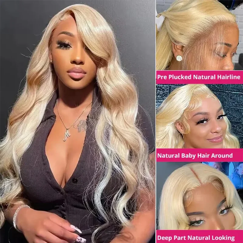 Adjustable - cap colored wig for a comfortable fitCranberry 13x6  613 Body Wave Lace Frontal Transparent Lace Blonde hair Wigs Pre-plucked