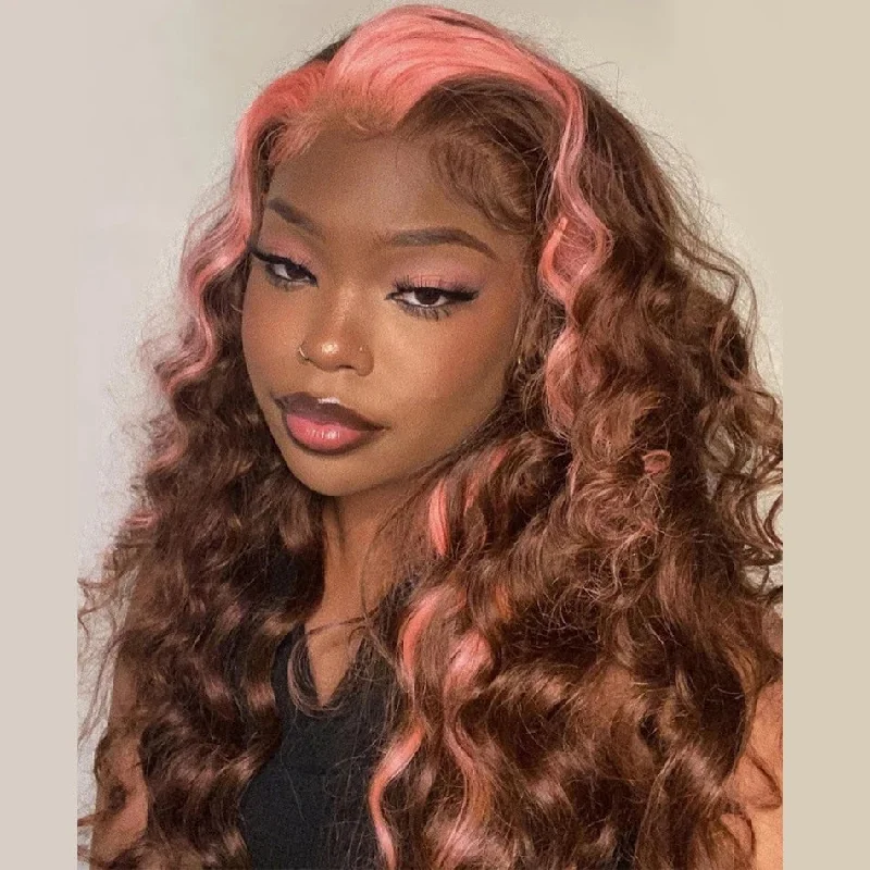 Colored wig with a curly texture for a bold and stylish choiceCranberry 180% Density 13X6 Lace Front Wig Natural Wave Highlight Pink Brown Colored Lace Front Human Hair Wigs