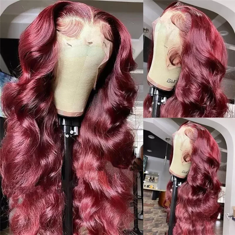 Colored wig with a side - part for a more flattering appearanceCranberry 99J Body Wave Pre Pluck Peruvian Burgundy Colored Transpant T Part Lace Wig