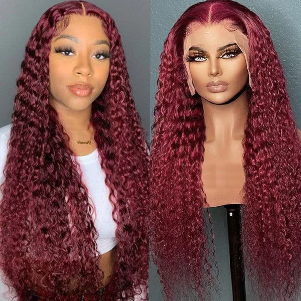 Colored wig with a wispy fringe for a soft and feminine lookCranberry 99J Hair Color Deep Wave Lace Front Wig