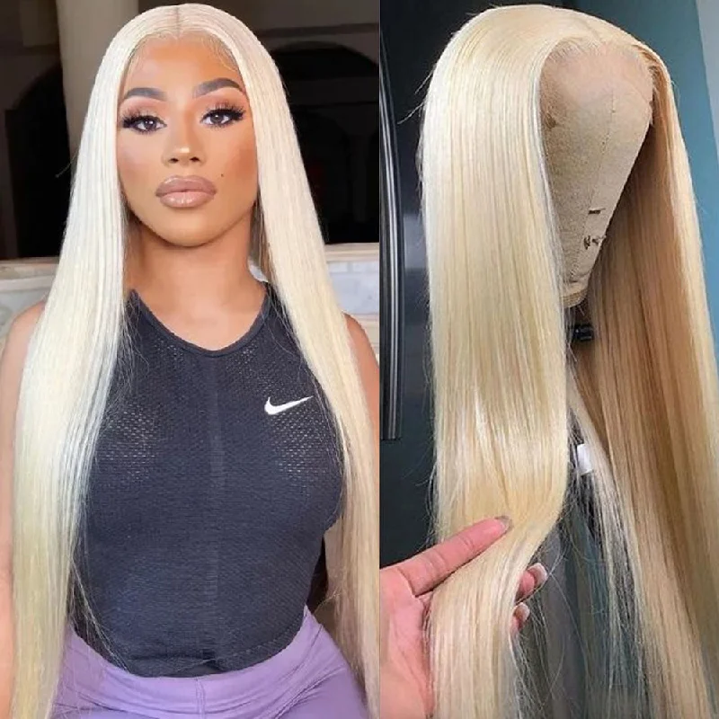 Synthetic colored wig with a heat - resistant formula for easy stylingCranberry Blonde #613 Straight 4X4 Glueless Lace Closure Full Human Hair Affordable Wigs