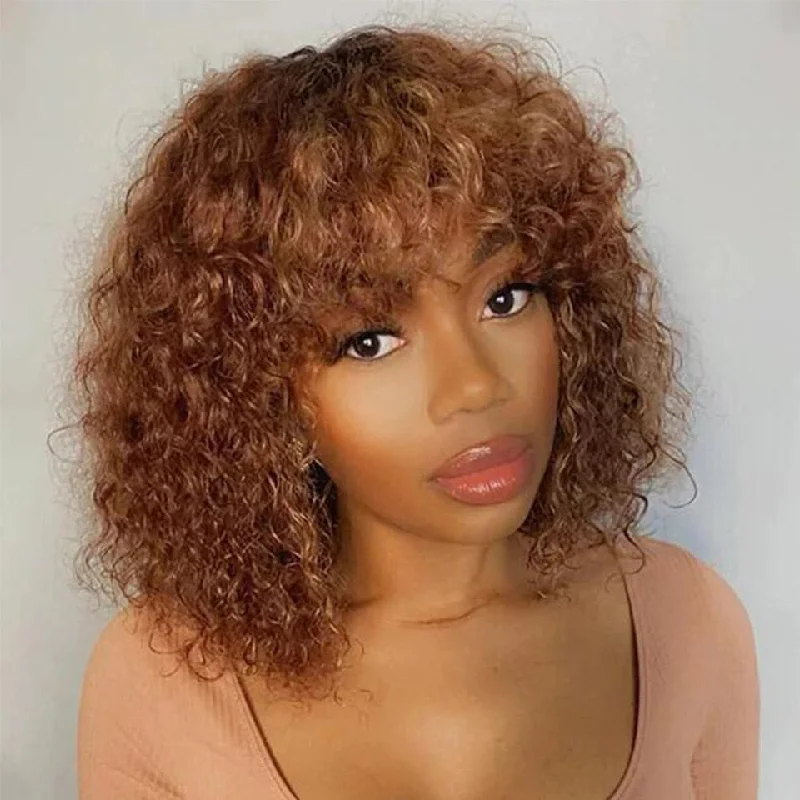 Colored wig with a curly texture for a bold and stylish choiceCranberry Brazilian Remy Ombre Brown Short Afro Kinky Curly Bob Human Hair Non Lace Wig