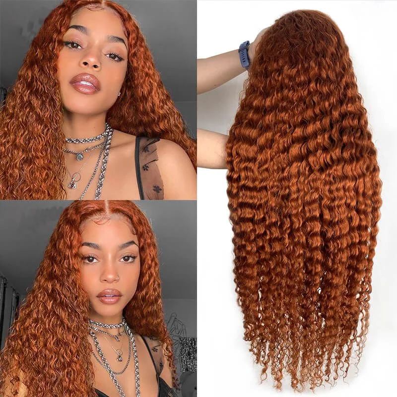 Colored wig with a red - orange hue for a warm and energetic lookCranberry Burnt Orange Deep Curly Lace Front Wig 14-36 Inch Bridger Hair 180% Density