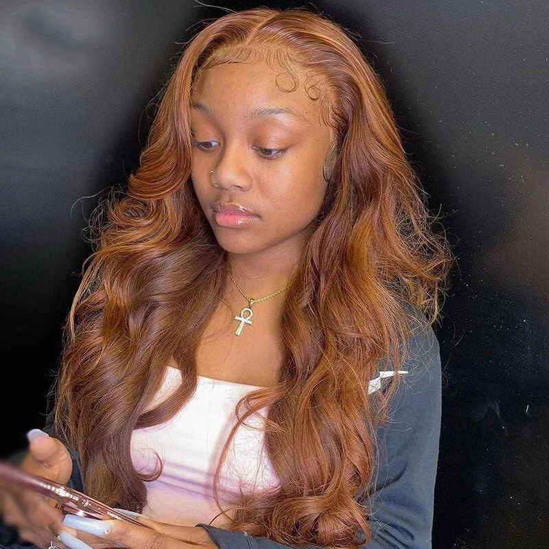 Colored wig in a vibrant pink color for a bold and eye - catching lookCranberry Ginger Brown Body Wave Wigs Brazilian Human Hair Wigs Pre Plucked 13x4 Lace Frontal Wigs