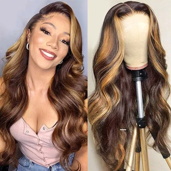 Human - hair colored wig for a natural and luxurious feelCranberry Glueless Breathable Wigs 5x5 Lace Wig  Body Wave 4/27 Color Human Hair Air Wigs