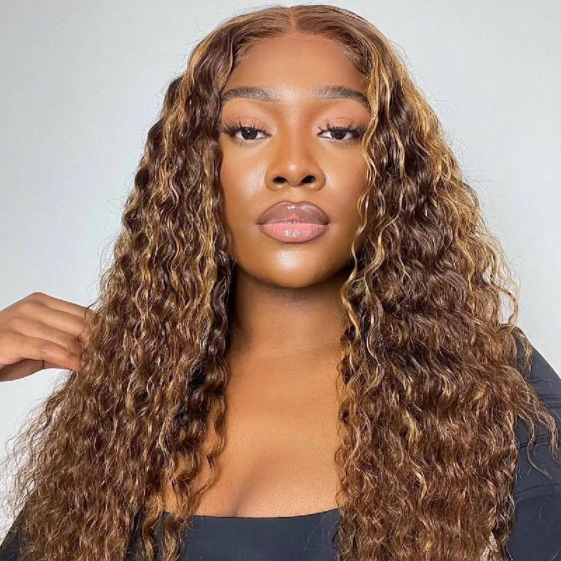 Colored wig with a side - part for a more flattering appearanceCranberry Glueless Breathable Wigs 5x5 Lace Wig  Deep Wave 4/27 Color Human Hair Air Wigs