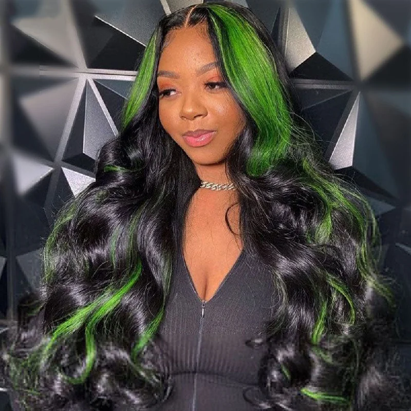 Colored wig with a middle - part for a classic and elegant styleCranberry Green Highlight Wig 13x4 Colored Body Wave Lace Front Wig Pre Plucked Transparent Brazilian Human Hair Wigs