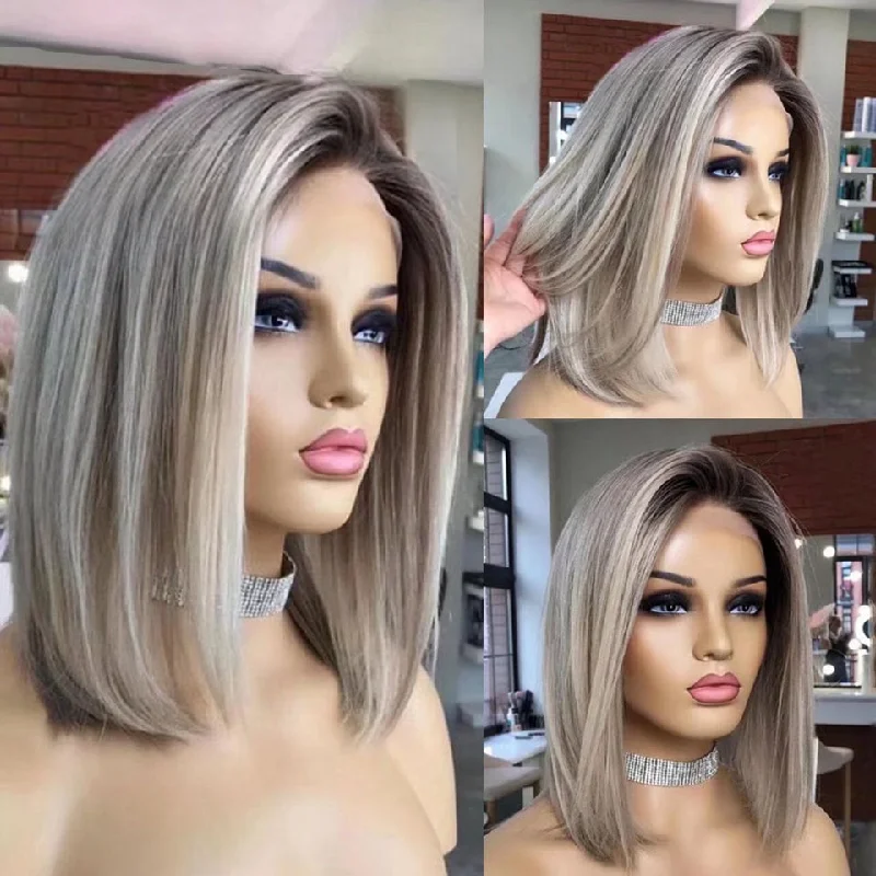 Colored wig with a 150 - density for a full and thick appearanceCranberry Grey Colored Human Hair Wigs Transparent 13x4 HD Lace Frontal Wig Bob Wig