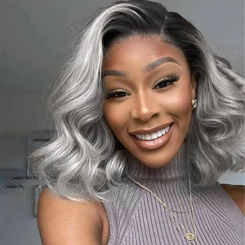 Colored wig with a side - swept bang for a sophisticated lookCranberry Grey Ombre 13x4 Lace Front Wig Wavy Short Bob Human Hair Wigs