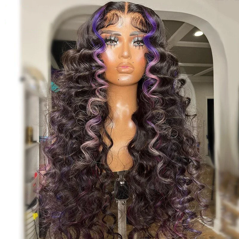 Colored wig with a 150 - density for a full and thick appearanceCranberry HD 13x6 Loose Deep Wave Human Hair Wigs Curly Lace Frontal Wig Highlight Purple Colored Lace Wigs for PrePlucked