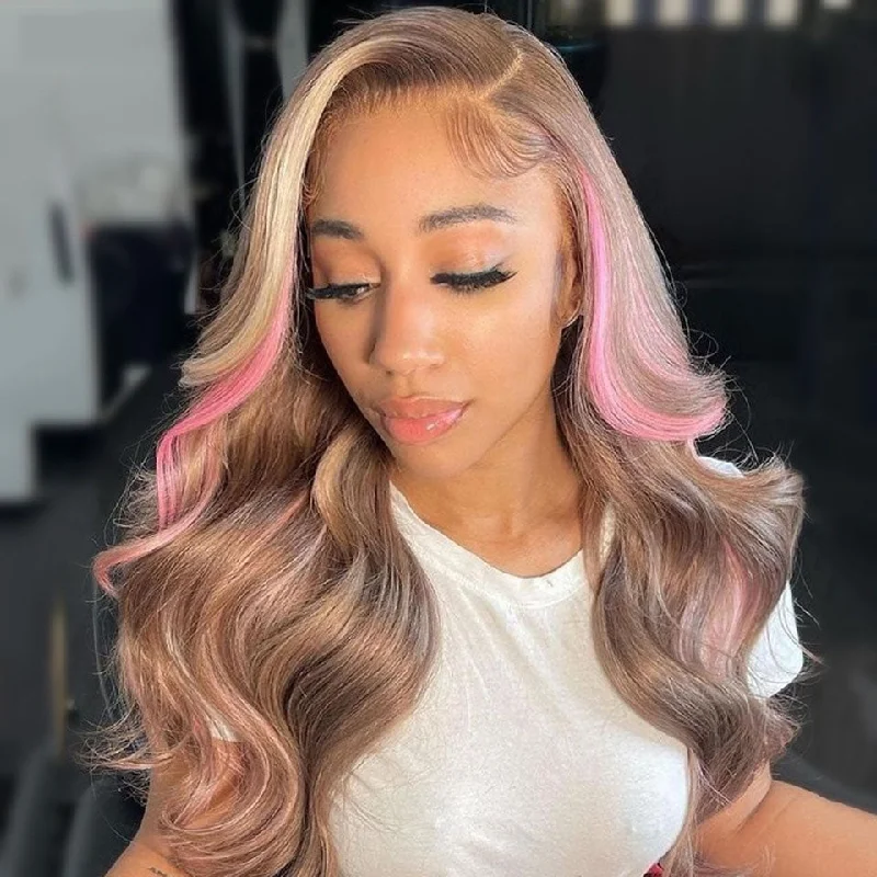 Human - hair colored wig for a natural and luxurious feelCranberry Highlight Blonde Pink Body Wave 13X4 Lace Front Wigs Transparent Lace Frontal Wig Human Hair Wigs Brazilian Lace Wigs