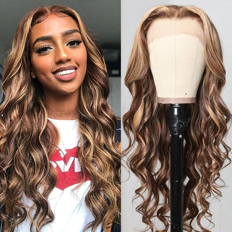 Colored wig with a straight texture for a sleek and minimalist lookCranberry Honey Blonde Highlight Body Wave 13x4 Lace Front Wigs 100%  Human Hair Wigs