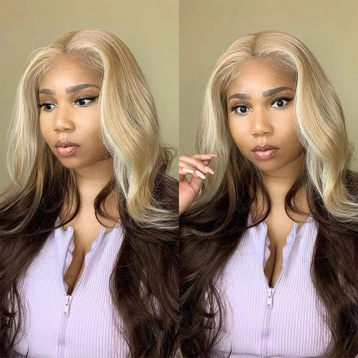 Synthetic colored wig with a heat - resistant formula for easy stylingCranberry Ombre Lace Front Wigs Body Wave 613 Blonde Brown 13x4 5*5 Lace Front Human Hair Wigs