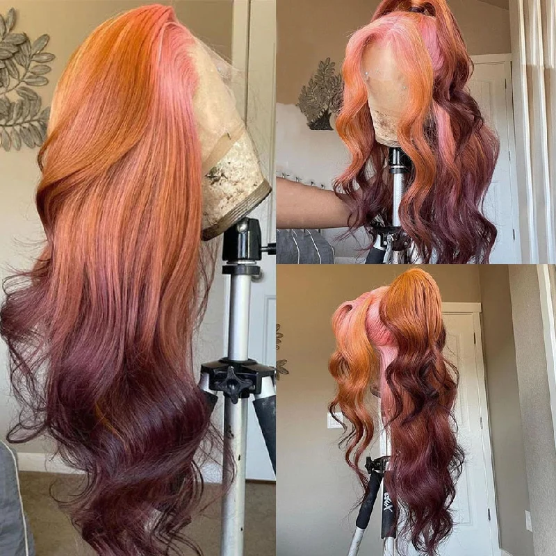 Colored wig with a middle - part for a classic and elegant styleCranberry Ombre Pink Orange Body Wave Lace Frontal Wigs Wavy 13X4 Lace Front Wig 180% Density Brazilian Remy Hair