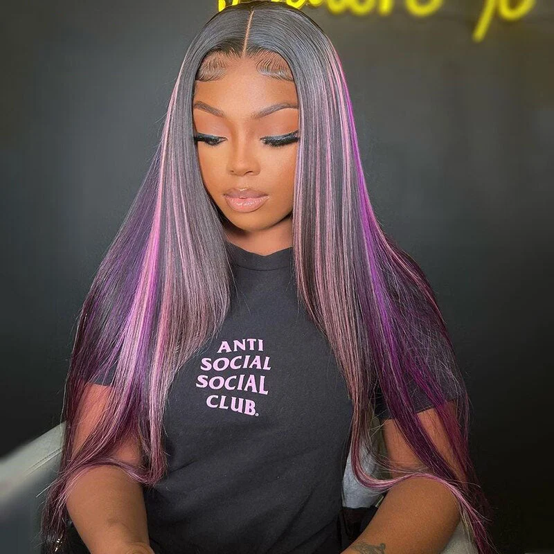 Colored wig with a natural - looking root for a more realistic lookCranberry Purple with Pink Straight Human Hair Wigs Transparent Brazilian 13x4 Lace Frontal wig 5x5 lace Closure Wig Pre Plucked