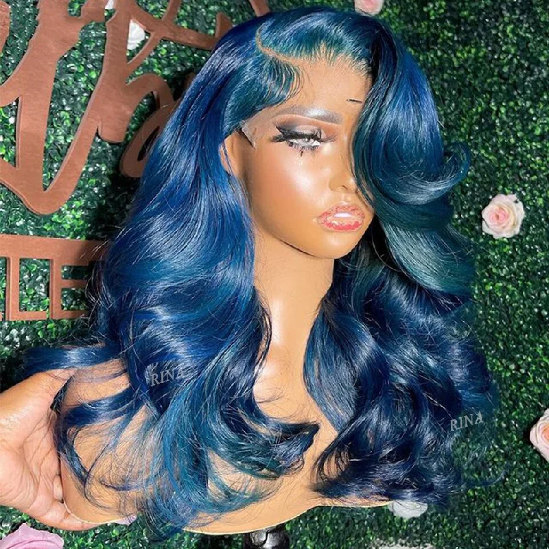 Colored wig with a wispy fringe for a soft and feminine lookCranbrry Light Blue Color 13x4 Lace Front Human Hair Wig Brazilian Body Wave Wigs  Pre Plucked