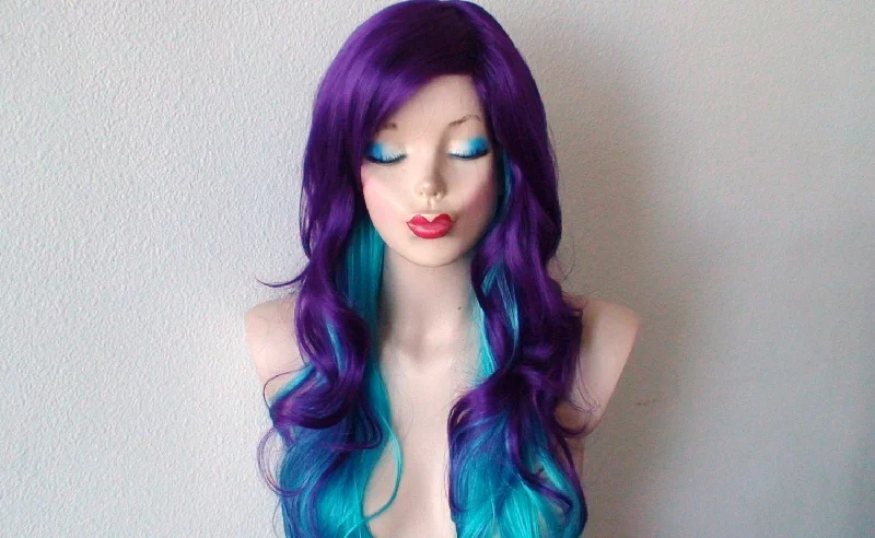 Colored wig with a blue - green ombre effect for a unique and trendy appearance26" Deep purple /Teal blue Ombre Long Curly Hair Long Side Bangs Wig