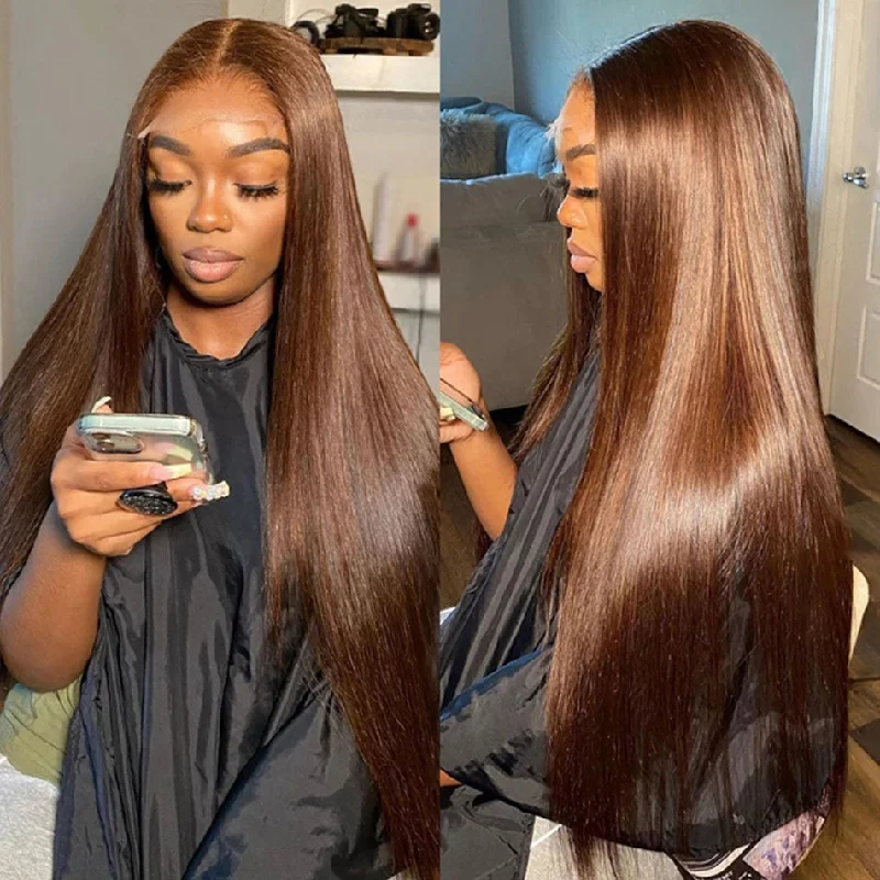 Colored wig with a pre - plucked hairline for a more natural lookDola Hair Chocolate Brown Straight Lace Closure Human Hair Wigs For Women Colored Remy Wig