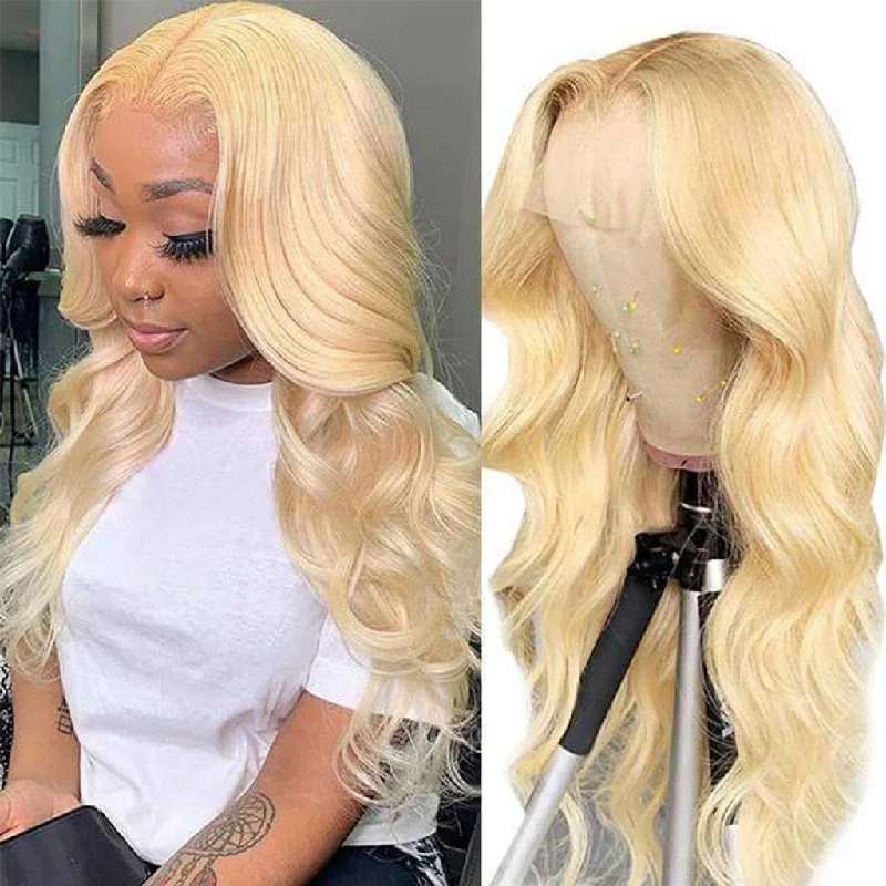 Synthetic colored wig with a heat - resistant formula for easy stylingFleeky 10A 613 Blonde Wig Body Wave Wig  Transparent Lace Wig 4x4 Lace Closure Human Hair Lace Wigs