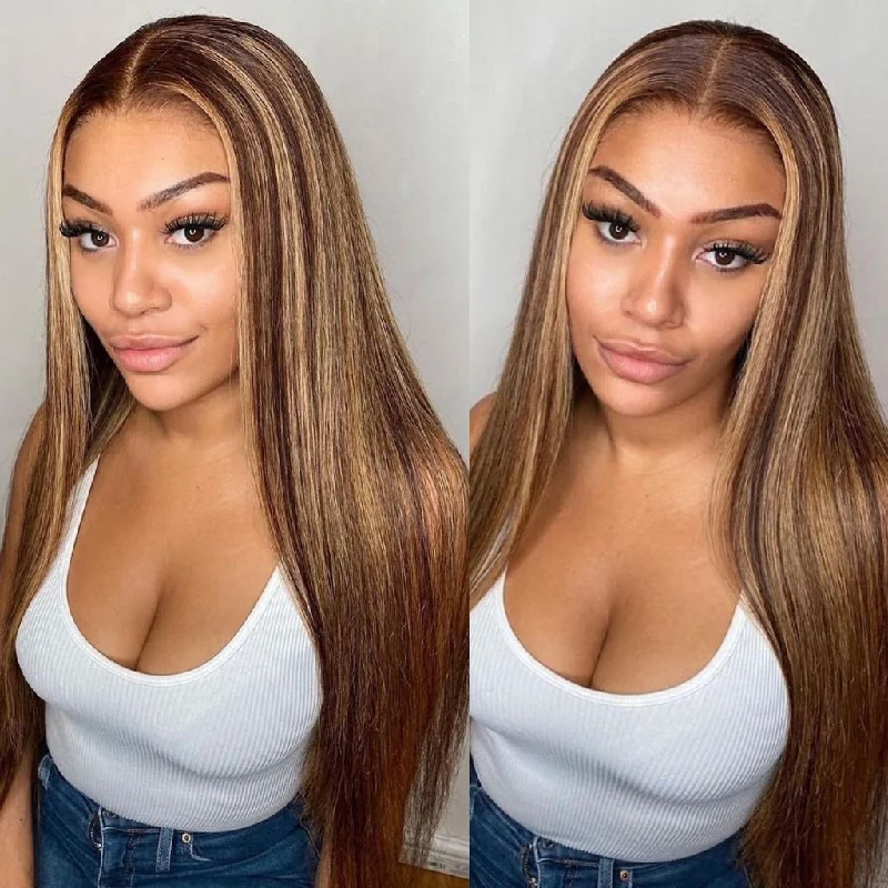 Synthetic colored wig with a heat - resistant formula for easy stylingFleeky Brazilian Highlight Wig Straight 4x4 Lace Closure Wig Ombre Brown Honey Blonde Piano Color 4/27 Transparent Lace Wigs