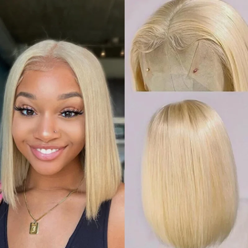 Synthetic colored wig with a heat - resistant formula for easy stylingFleeky Hair 613 Blonde Bob Wig Straight 13x4 Transparent Lace Bob Wig 4x4 Lace Closure Short Bob Wigs