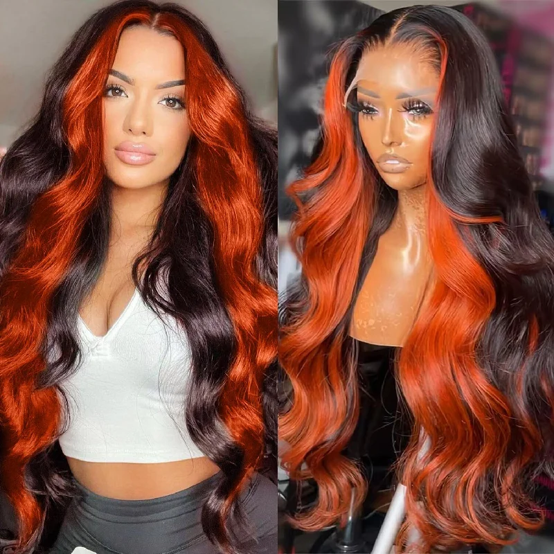 Colored wig with a red - orange hue for a warm and energetic look13x4 HD Lace Front Ginger Black Highlight Body Wave Human Hair Colored Lace Wigs With Pre Plucked