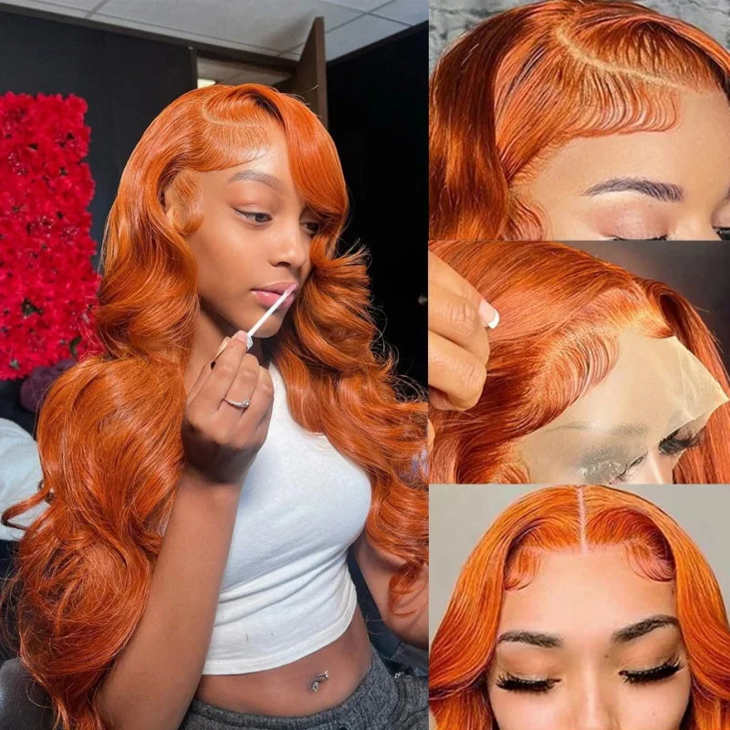 Colored wig with a red - orange hue for a warm and energetic lookGlueless Ginger Human Hair Wig 13x4 Lace Front Wig Body Wave Hair Wigs Lace Frontal Wig 30 Inch