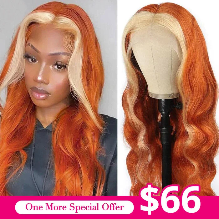 Synthetic colored wig with a heat - resistant formula for easy stylingSkunk Stripe Hair 13*4 Wig Ginger Color with Blonde Highlights Body Wave Wig