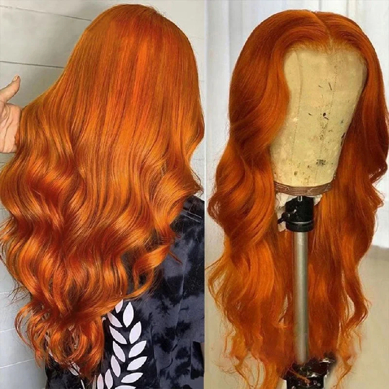 Colored wig in a vibrant pink color for a bold and eye - catching lookGinger Orange Lace Closure Wig Brazilian Body Wave Human Hair Wig 180 Density